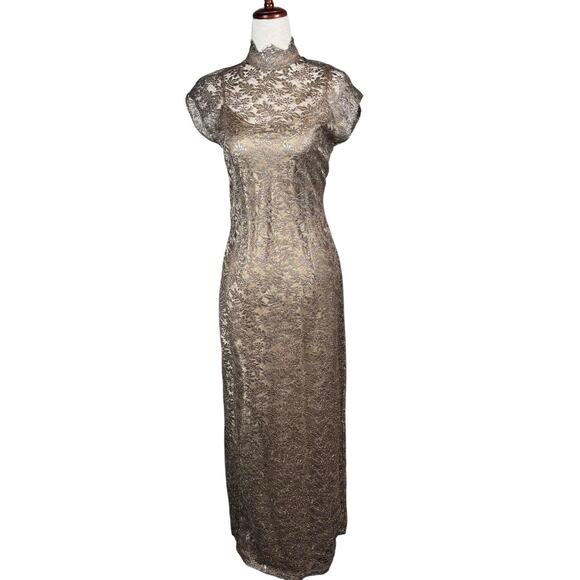 Old Hollywood Glam Romantic Vintage Wedding Guest Long Gold Lace Gown Dress Sz 8